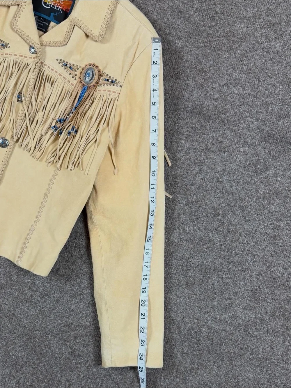 Cripple Creek Tan Suede Leather Fringe Western Jacket Womens L Beaded Medallions - Picture 12 of 15
